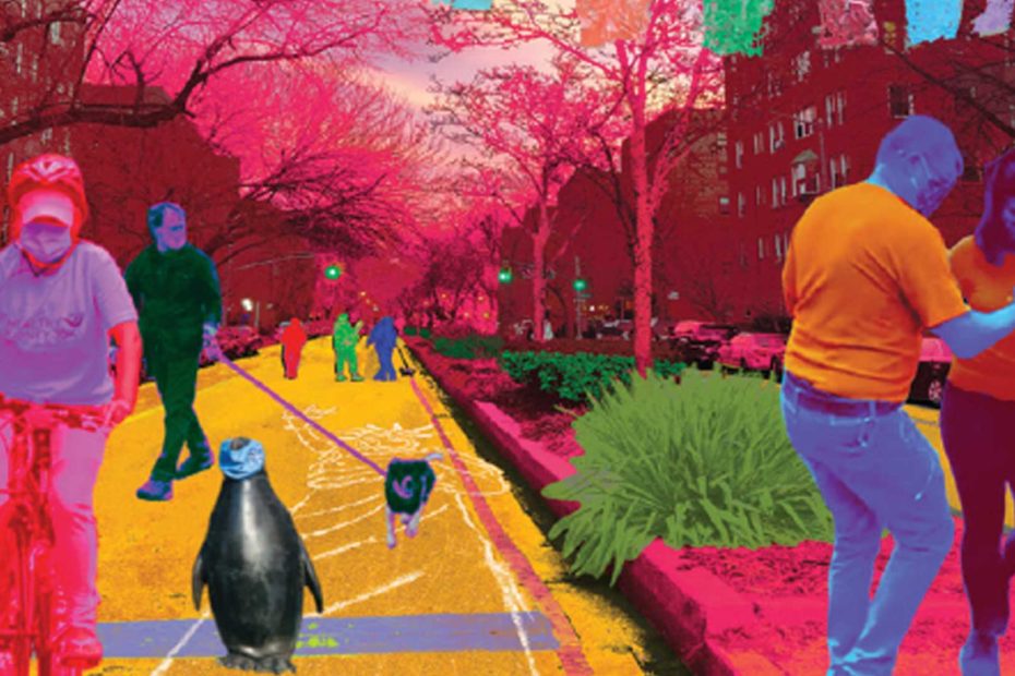 Vibrantly colored collage of people riding bicycles, playing, walking and dancing on 34th avenue